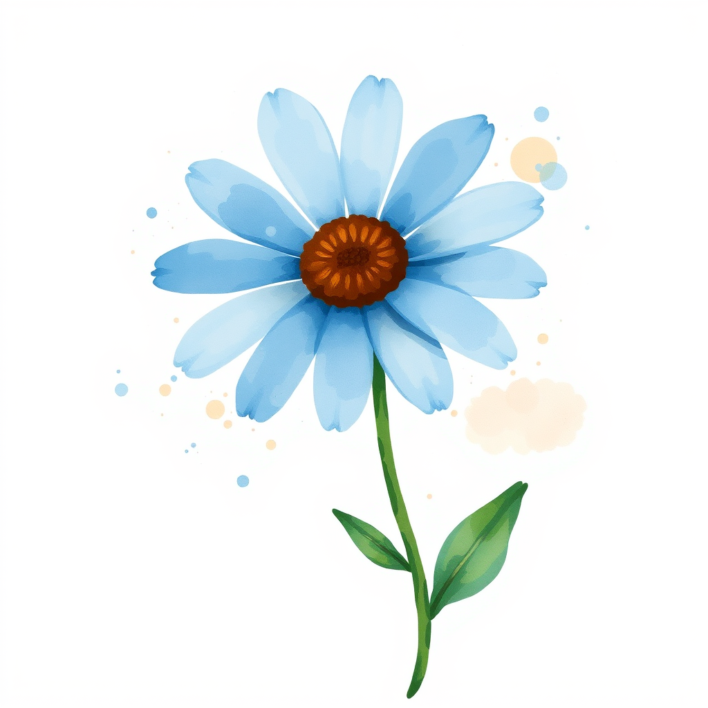A single blue daisy flower in a loose, whimsical watercolor style. The petals are unevenly spread, with soft blue and brown tones. The stem is thin and slightly curved, with two green leaves, while watercolor splatters create an organic, artistic effect around the flower. The background is light beige with natural watercolor textures and splashes.