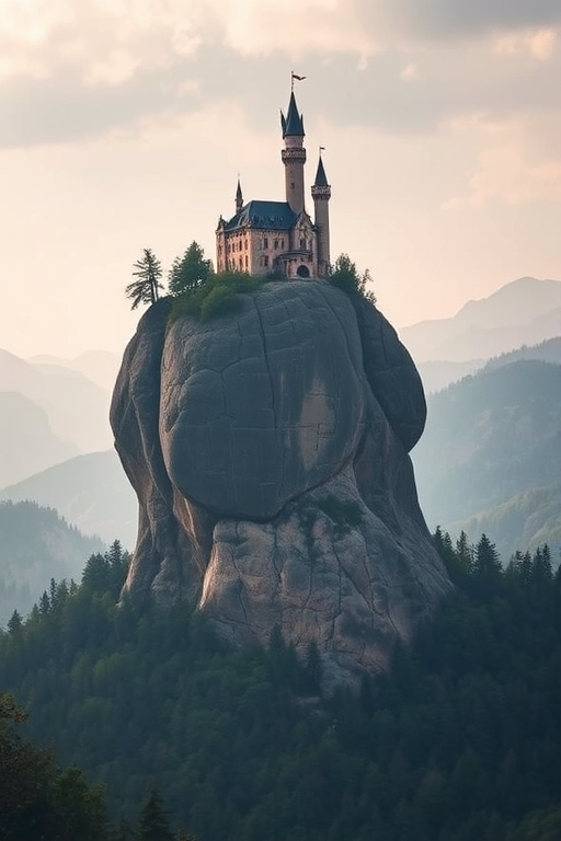 Create a surreal landscape featuring a giant rock formation shaped like a human face, adorned with a castle on top, surrounded by dense forest and misty mountains in the background, shot with a Canon EOS R5 at f/8, ISO 100, 24mm wide-angle lens, in a soft, diffused light setting to enhance depth and detail.