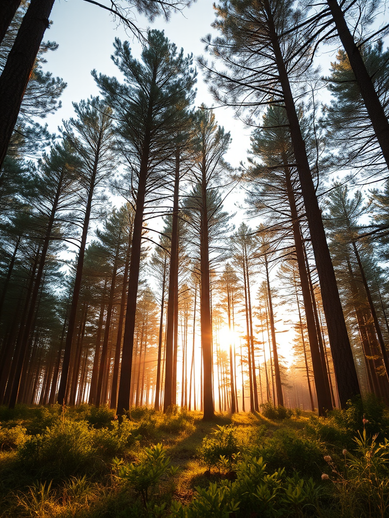 Create a high-resolution image of a serene forest landscape during golden hour with soft sunlight filtering through the trees, using a Canon EOS R5 camera with a 24-70mm f/2.8 lens, set at ISO 100, aperture f/4, shutter speed 1/125s, taken from a low angle view for a dramatic effect.