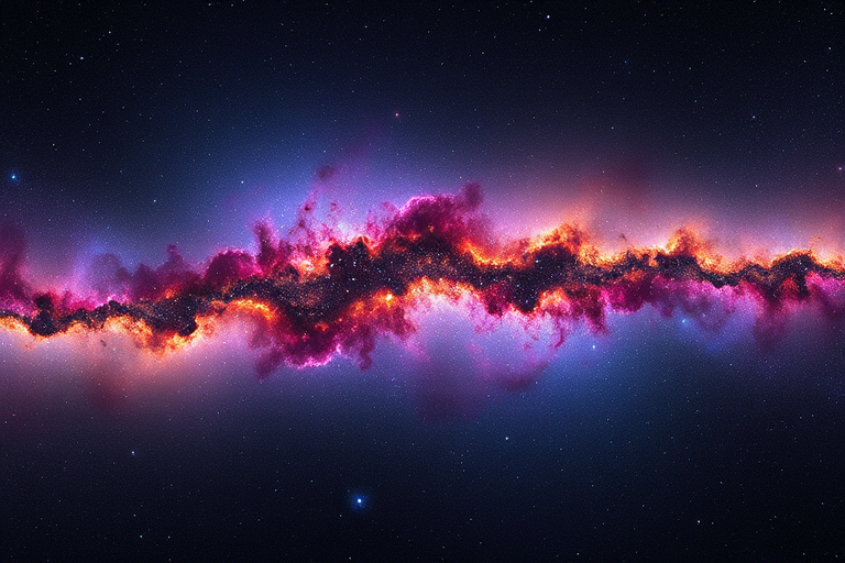 a breathtaking cosmic nebula filled with vibrant colors of purple, blue, and gold, with stars twinkling in the background, captured with a DSLR camera, 50mm lens, f/1.8, ISO 800, 30-second exposure, in a panoramic view for enhanced depth and detail
