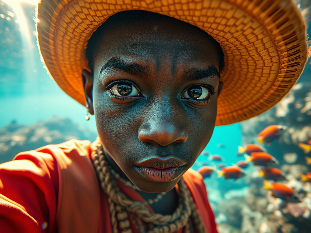 Realistic selfie image of a Zulu, wearing a vintage outfit, detailed dreamy eyes, droopy hooded eyes, staring at the camera, taken underwater at coral reef with a sunbeam filtering through the water, vibrant, summer vacation, natural lighting, turtle and school of tropical fish with vibrant colors, rendered in the style of CryEngine, Pegi Nicol MacLeod, with realistic genre scenes, hauntingly beautiful narratives, ultra-realism, and Thomas Saliot's close-up technique, 8K resolution, crystal clear and sparkling water.