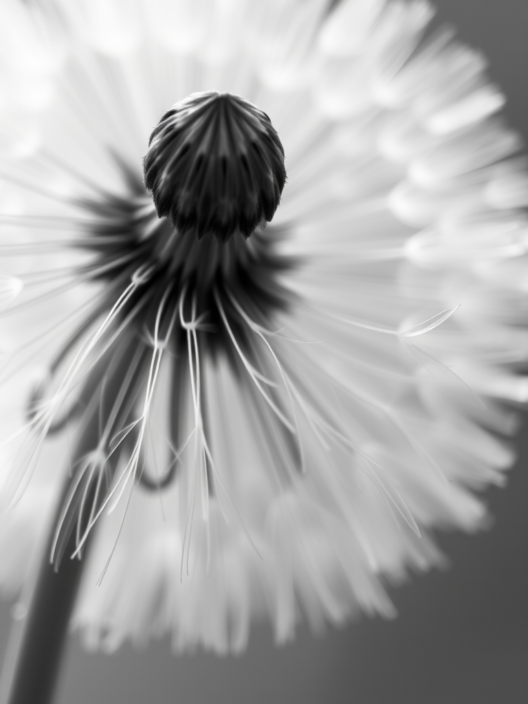 macro photography of a dandelion seed being released from the top of a dandelion flower, shallow depth of field, 50mm lens, aperture f/2.8, ISO 100, natural light, black and white style