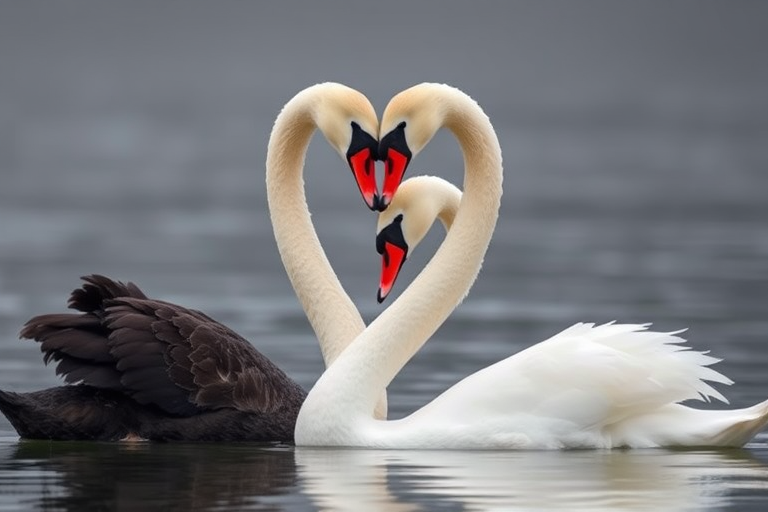 Generate a high-resolution image of a black swan and a white swan gracefully forming a heart shape with their necks, reflecting in calm water with a soft gray background, using a DSLR camera with a 50mm lens, aperture set to f/1.8, ISO 100, and a shallow depth of field for enhanced focus on the swans while blurring the background.