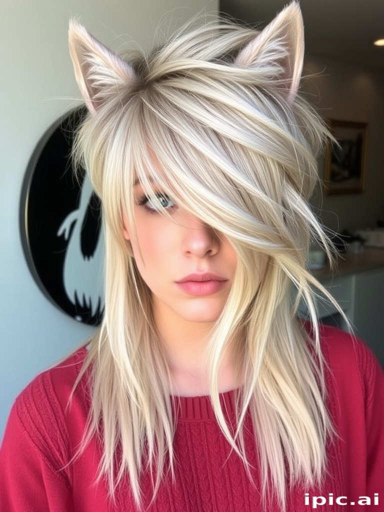 Chic ash blonde wolf cut with choppy layers and curtain bangs, styled in a messy bedhead texture for an effortlessly cool and trendy appearance