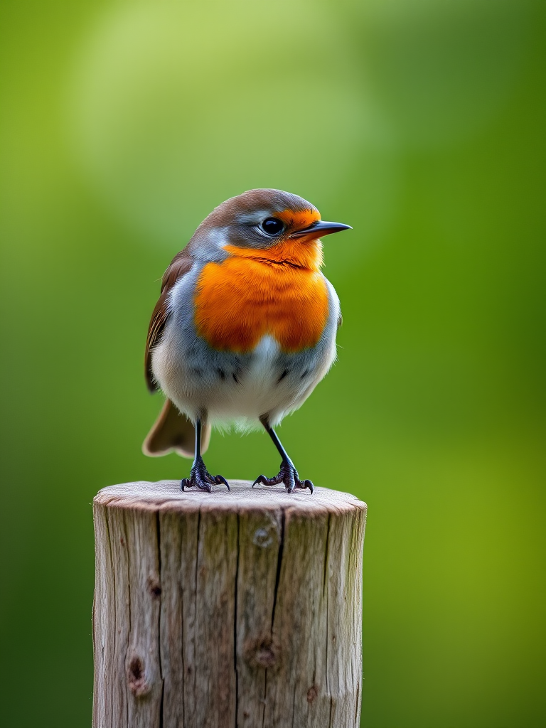 Regenerate a close-up image of a robin perched on a wooden post with a softly blurred green background, using a DSLR camera at f/2.8 aperture, 1/200 sec shutter speed, ISO 200, in natural light, with a shallow depth of field for enhanced focus on the bird.