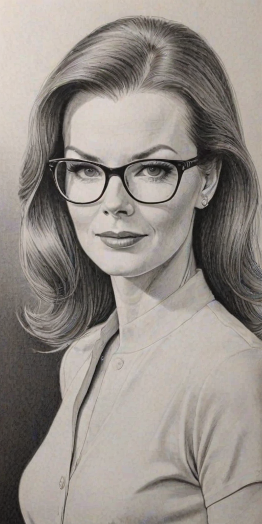Radiant Marcia Cross, pencil sketch, portrait of Dazzling woman 1956s in glasses, hair style beatnik, outline, clear lines, fine lines, 8k