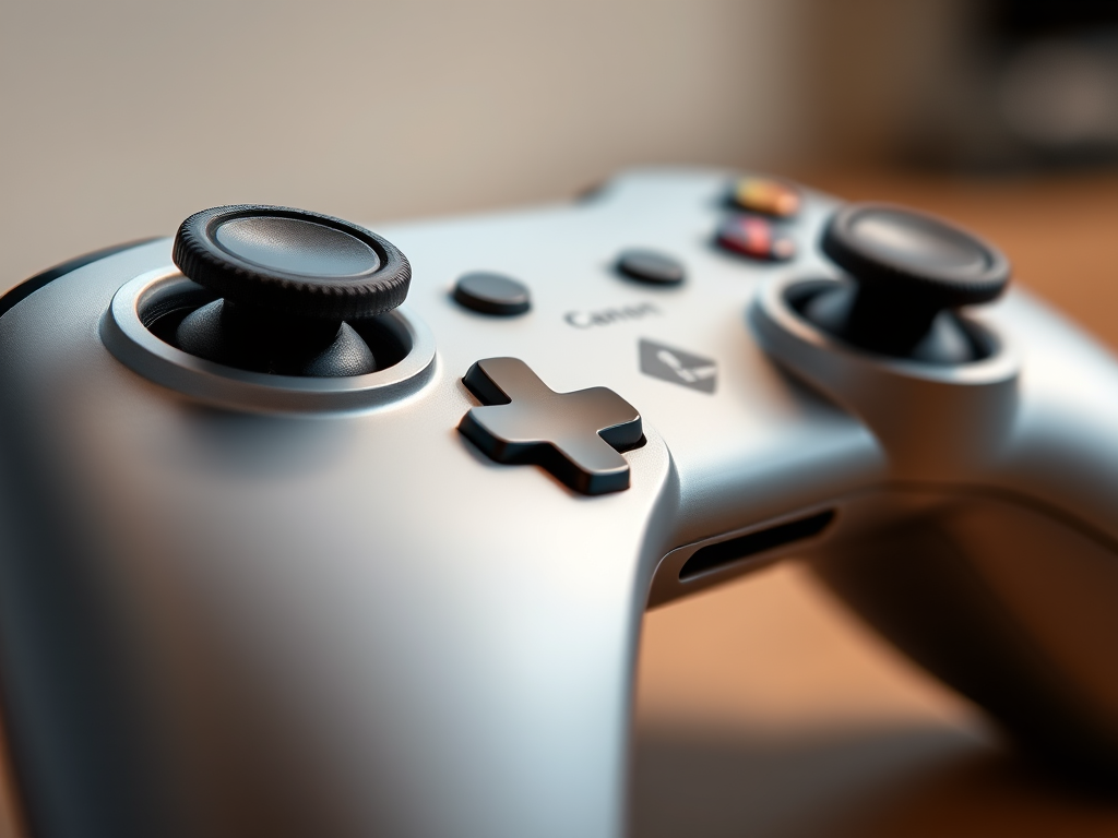 create a high-resolution image of a silver gaming controller with detailed buttons and textures, shot in macro view using a Canon EOS R camera, aperture f/2.8, ISO 100, shutter speed 1/100s, with a soft focus background to enhance depth.