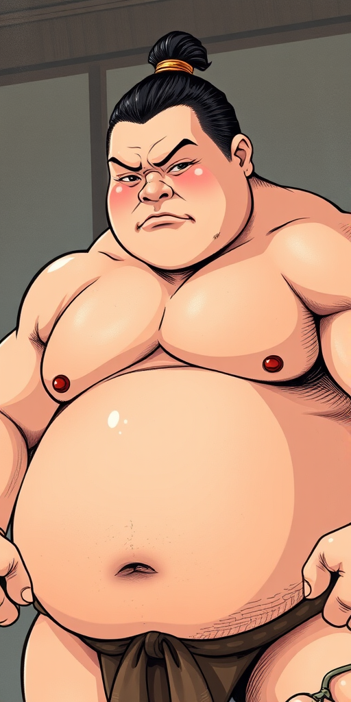 A detailed illustration of a sumo wrestler in a traditional pose, captured with a Canon EOS R5, 50mm lens, f/1.8 aperture, ISO 100, natural lighting, and a slight tilt to emphasize the muscular structure and athleticism of the subject.