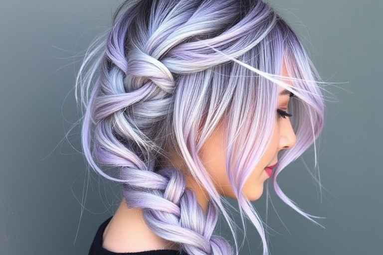 Striking silver-lavender balayage melts seamlessly from dark roots to pastel ends, styled in a messy fishtail braid with wispy tendrils framing the face