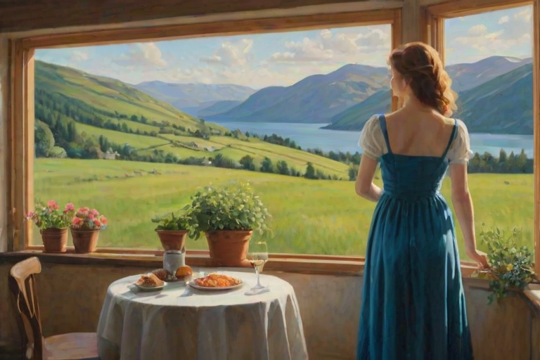 In "A Glass of Beer on the Highland," a serene scene is depicted in a sunlit room where a woman in a vibrant blue dress stands by a large window. She holds a tray with a hearty meal and a frothy glass of beer, embodying a moment of relaxation. Outside, the breathtaking highland landscape features rolling green hills and a charming traditional house, all bathed in warm afternoon light. The interior is adorned with potted plants, creating a harmonious blend of comfort and nature. The painting beautifully captures the tranquility and joy found in simple pleasures amidst stunning scenery