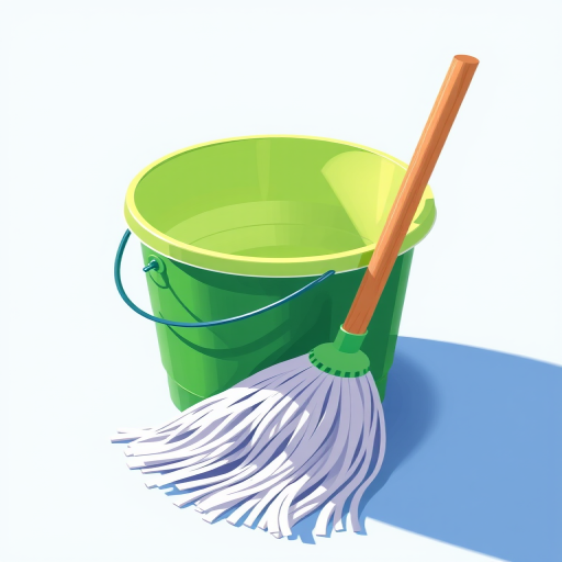Create a vibrant illustration of a green bucket with a mop leaning against it, on a light blue surface, using a high-resolution digital camera with a 50mm lens, aperture set to f/8, ISO 100, and a shallow depth of field for added focus and clarity.