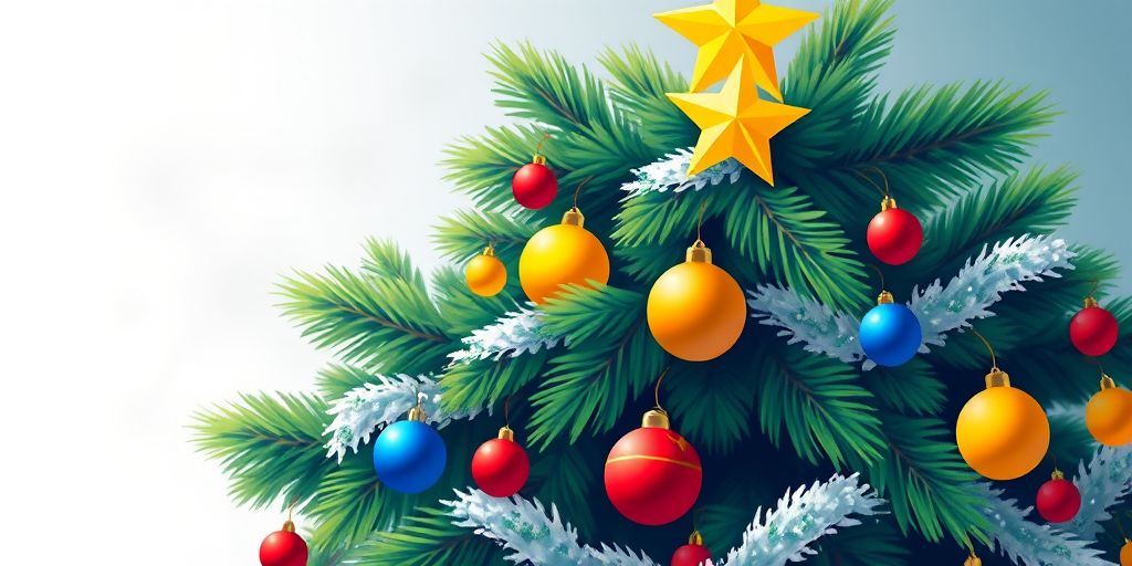 Create a vibrant illustration of a decorated Christmas tree with rich green foliage, colorful ornaments in red, yellow, and blue, white snow-like garland, and a bright yellow star on top, shot with a DSLR camera at f/8 aperture, ISO 100, 50mm lens, with a slight bokeh effect and a soft focus background to enhance image quality.