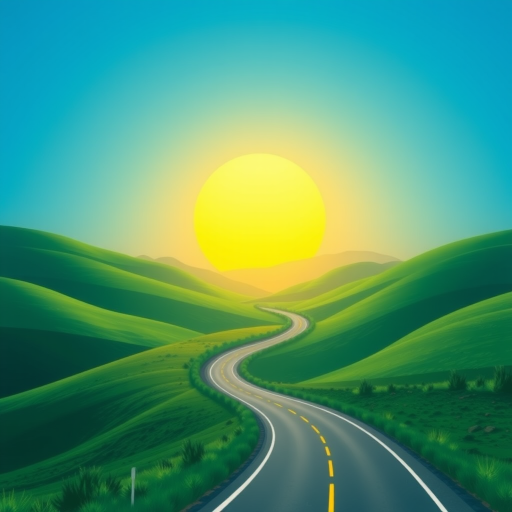 Generate a vibrant digital illustration of a winding road through green hills under a bright blue sky with a large yellow sun, using a high-resolution 35mm DSLR camera with f/8 aperture, ISO 100, and a wide-angle lens for an expansive view.