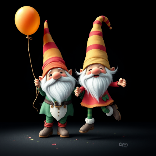 Create a vibrant digital illustration of two whimsical gnomes, one holding a colorful balloon and the other jumping rope, set against a dark background, using high-resolution settings to enhance detail, with a Canon EOS R5 camera type, 50mm lens, f/1.8 aperture, 1/200 sec exposure, and natural lighting to emphasize colors and textures.