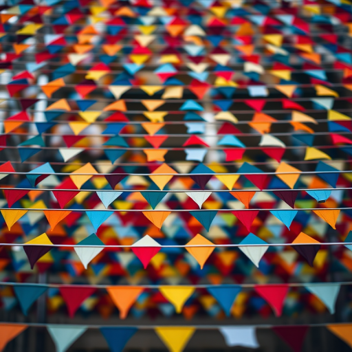 Create a high-resolution image of a grid with colorful triangular flags in rows; use a Canon EOS R5 camera, 50mm lens, f/2.8 aperture, ISO 100, and a soft focus effect for an artistic touch.
