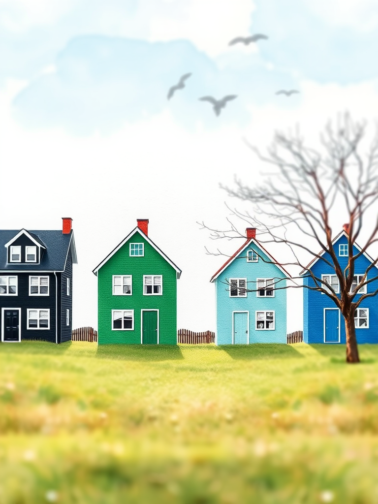 Regenerate a watercolor illustration of a row of stylized houses in varying colors (black, green, blue) next to a bare tree on a grassy field, captured with a Canon EOS R5 at f/4, ISO 100, 50mm lens, soft focus view, and vibrant color saturation.