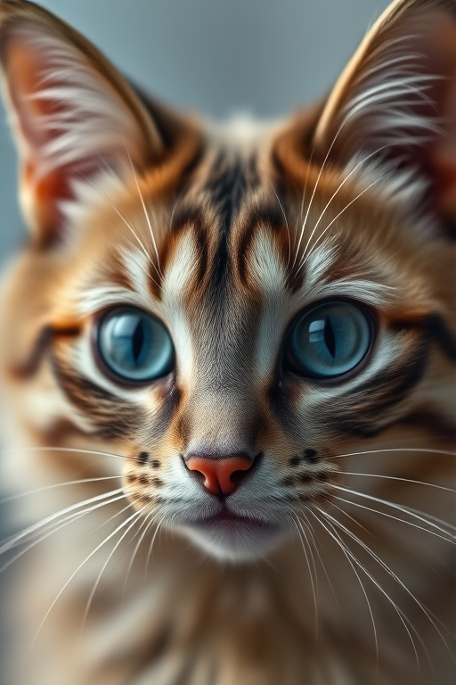 Create a highly detailed illustration of a cat's face with piercing blue eyes, soft focus background, using a DSLR camera at f/2.8 aperture, 50mm lens, shot from a slightly above eye level angle for a dramatic effect, and adjust lighting for a soft, natural look.