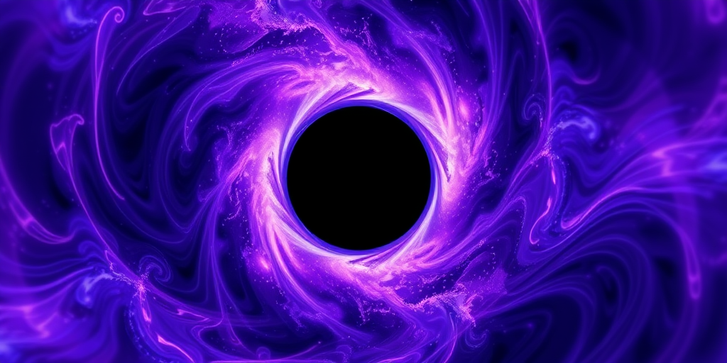 Create an abstract image of a black hole surrounded by swirling fractal patterns of purple and blue light, captured with a DSLR camera at f/8, ISO 100, 25mm lens in a panoramic view, using long exposure to enhance luminosity and depth.