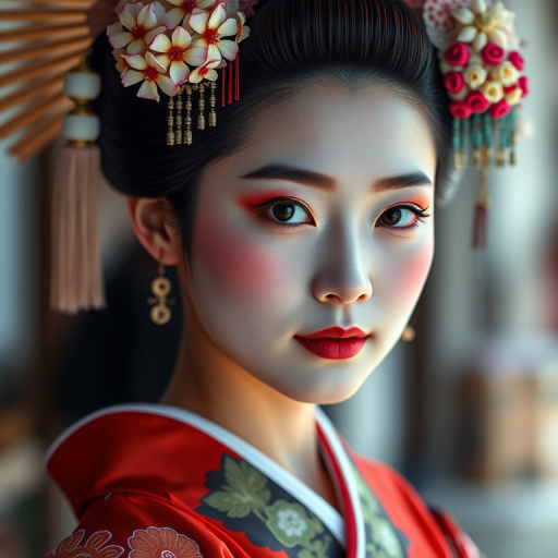 Create a vibrant, high-resolution image of a traditional Geisha girl with intricate details in her clothing and hairstyle, captured with a Canon EOS R5, ISO 100, aperture f/2.8, 50mm lens, in a soft natural light setting, focusing on a close-up view to enhance the facial features and textures.