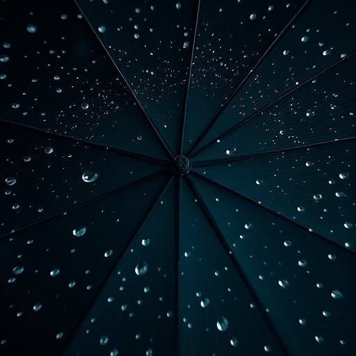 Create a high-resolution image of a black umbrella with white raindrop patterns, photographed at a 45-degree angle, using a DSLR camera with a 50mm lens, aperture set to f/2.8, ISO 100, and natural lighting for enhanced clarity.