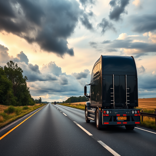 high-quality image of a black semi-truck on a rural highway under a dramatic sky with clouds, captured with a DSLR camera, 35mm lens, aperture f/8, ISO 100, shutter speed 1/250s, wide angle view, vibrant colors and sharp details