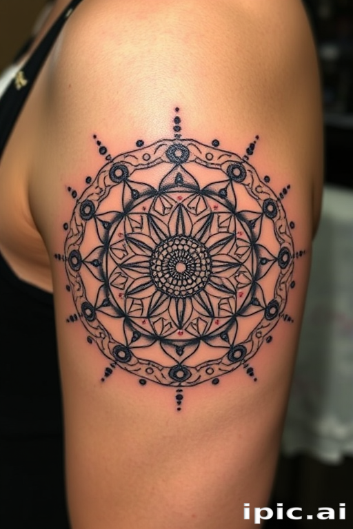 Dotwork mandala tattoo named "Cosmic Symmetry" featuring an intricate circular design composed of thousands of tiny dots, representing the universe's interconnectedness, renowned for its meticulous detail and meditative quality