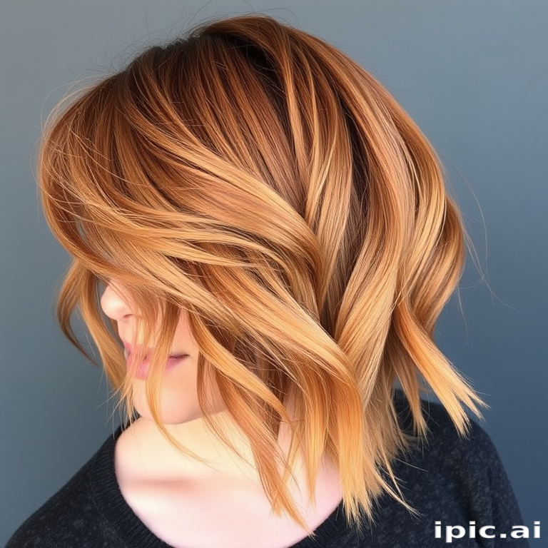 Copper penny bob with honey-gold balayage, styled in beachy waves, known as "Autumn Sunrise" hair, featuring a side-swept fringe and tousled texture