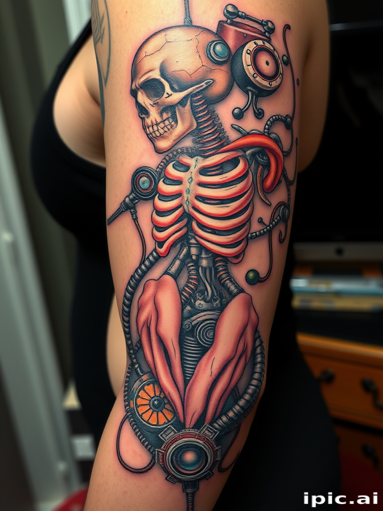 Surrealist biomechanical tattoo called "Organic Odyssey" merging anatomical structures with mechanical components in a mind-bending fusion of flesh and machine