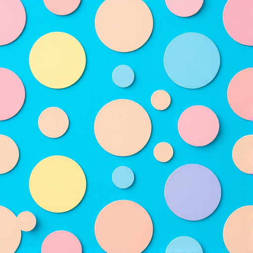 Create a seamless pattern of pastel-colored circles on a bright blue background, shot with a DSLR camera at f/8, ISO 100, 50mm lens, top-down view, high-resolution, vibrant colors, sharp focus.