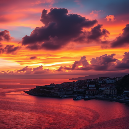 Capture a vibrant sunset over a coastal city with dramatic clouds reflecting in the water, using a Canon EOS R5 with a 24-70mm lens at f/8, ISO 200, 1/125 sec, in landscape orientation for sharp details and rich colors.