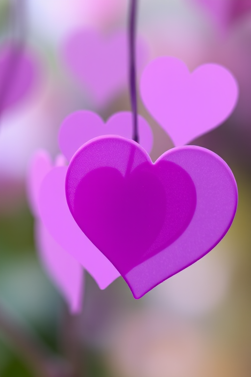 Create a vibrant digital illustration of overlapping purple hearts in various shades, using a high-resolution setting with a 50mm lens, f/1.8 aperture for shallow depth of field, soft focus background, and a macro photography style to enhance texture and detail.