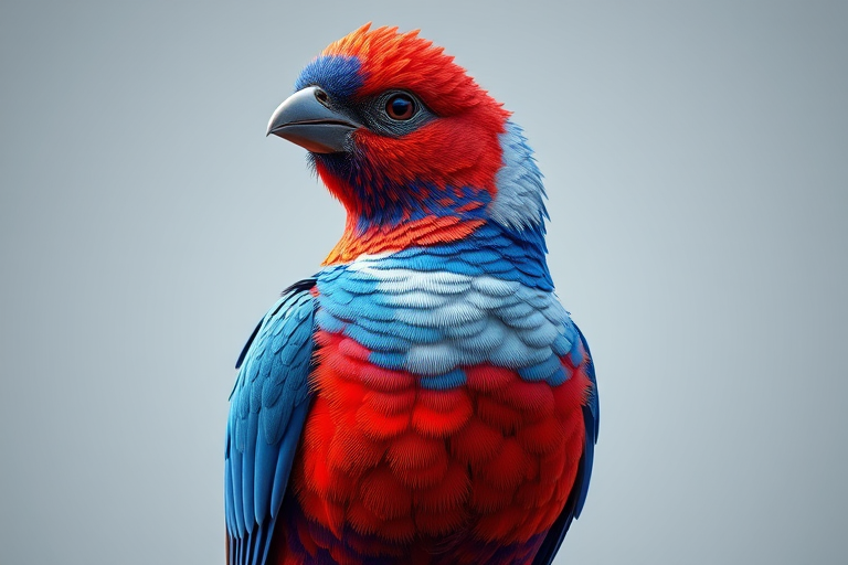 generate a highly detailed 3D rendering of a colorful bird with vibrant blue, red, and white feathers, surrounded by a smooth gradient background, using a DSLR camera with f/2.8 aperture, 50mm lens, 1/250 sec shutter speed, ISO 100, in soft natural lighting for enhanced texture and color depth