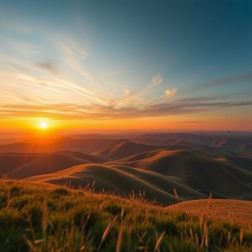 Generate a high-resolution image of a serene landscape featuring rolling hills and a vibrant sunset, 50mm lens, aperture f/8, ISO 200, shot from a low angle to capture foreground details, DSLR camera with a wide dynamic range setting.