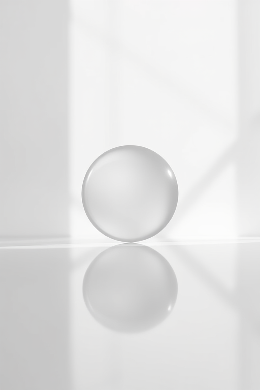 Create a smooth, reflective circular object centered in a minimalist environment, using a Canon EOS R5 with a 50mm f/1.2 lens, aperture set to f/2.8, ISO 100, and shutter speed 1/125s, with natural light to enhance the glossy texture.