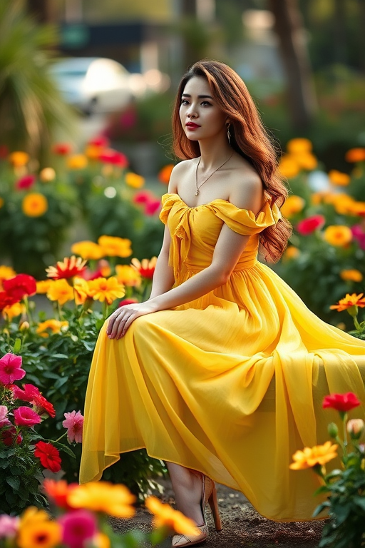 Create an image of a woman in a flowing yellow dress sitting on a bench surrounded by vibrant flowers, using a 50mm lens at f/1.8, soft focus background, natural light, shot with a full-frame DSLR for high detail and rich colors.