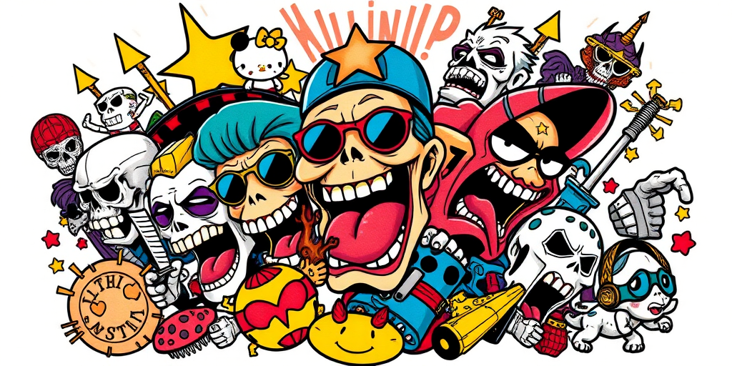 New school tattoo called "Pop Culture Mashup" combining exaggerated cartoon-like characters bold outlines and vivid colors with elements from various pop culture references in a playful and visually exciting composition