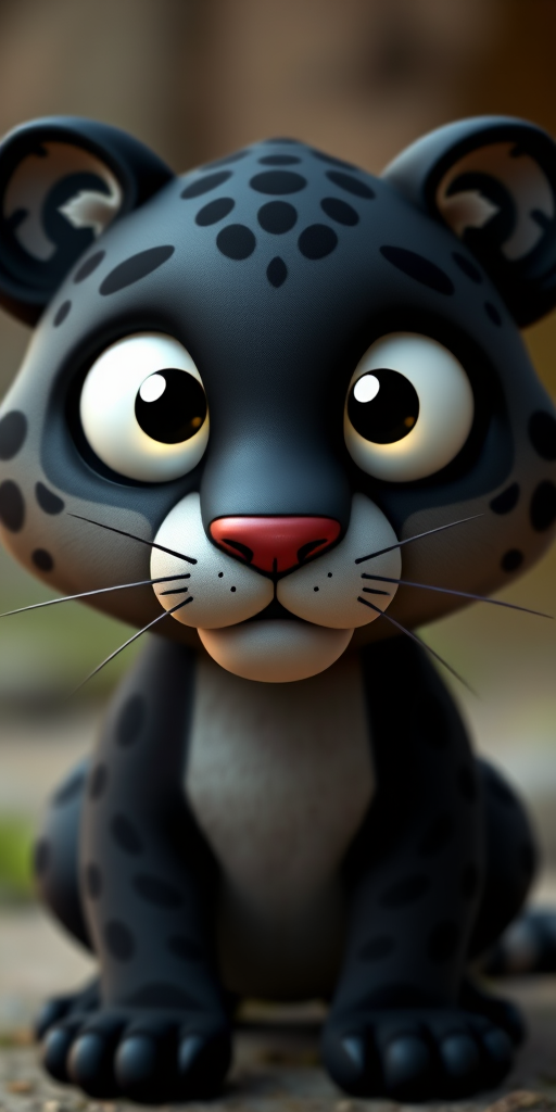 Create a cute cartoon-style black leopard with large white eyes and a round body, 3D rendering, soft focus, 50mm lens, f/2.8 aperture, natural lighting.