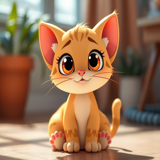 Create a cute cartoon cat character sitting, with big expressive eyes, in a simple and colorful style, captured with a Canon EOS R camera, 50mm lens, f/2.8 aperture, ISO 100, in a bright, natural lighting setting.