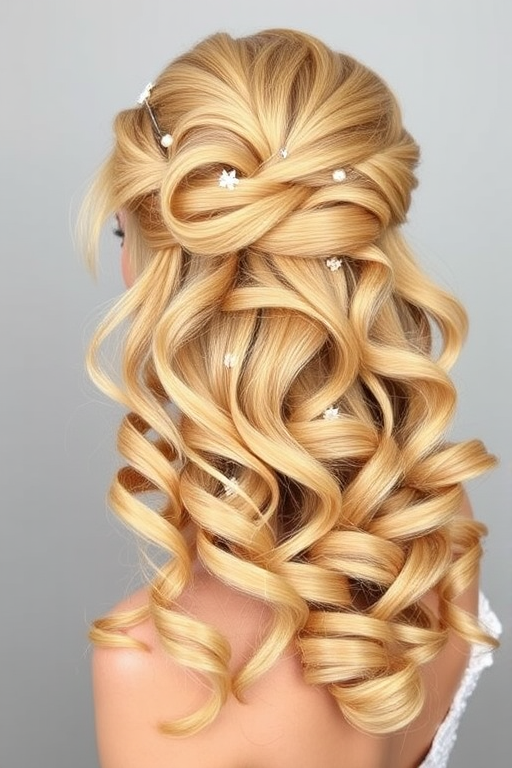 Radiant honey-blonde curls styled in a voluminous half-up, half-down look, adorned with delicate pearl pins scattered throughout, creating the romantic "Sweet Nectar" style