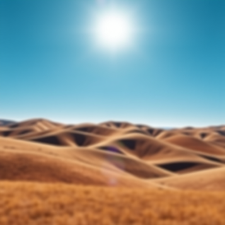 Generate a high-resolution digital illustration of a minimalist landscape featuring rolling hills under a clear blue sky with a bright sun, captured with a DSLR camera at f/8 aperture, ISO 100, 24mm focal length, using a wide-angle lens for an expansive view and a shallow depth of field for enhanced focus on foreground elements.