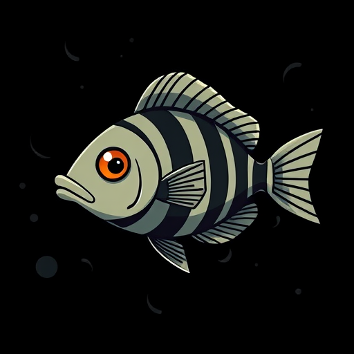 Create a high-contrast, detailed illustration of a cartoon fish on a solid black background, using a DSLR camera with a 50mm lens, aperture set to f/2.8 for shallow depth of field, ISO 100 for clarity, and optimal lighting to accentuate the lines and patterns on the fish.