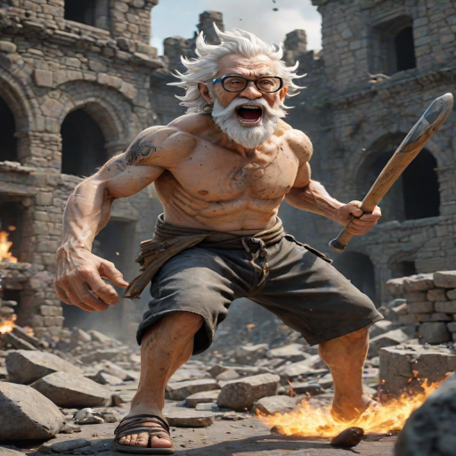 Cartoon 3D High-Resolution,dynamic battle scene using Unreal Engine 5 and Octane Render. The scene features back of an elderly, thai man with a beard,messy hair and round golden-rimmed glasses. He is wearing a tattered tank top with soot marks, shorts, and sandals. sweating. he wields a baseball bat. He jump to fight with a white fire-breathing Europe dragon amidst a partially destroyed stone castle. Include intense flames, smoke, and debris to enhance the dramatic effect.