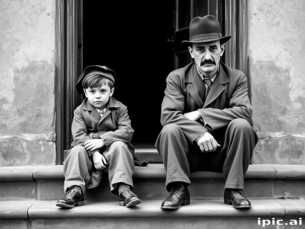 A black-and-white photograph of a man and a child sitting on steps in front of a doorway. The man is dressed as a tramp with a bowler hat, mustache, and ragged clothes, reminiscent of Charlie Chaplin's iconic look. He is sitting with his arms crossed and an expression of slight sadness or frustration. Next to him is a young boy, also in worn clothes and a cap, sitting with his hands clasped, looking thoughtful. The background is an old, textured wall and a partially open door, creating a vintage, early 20th-century atmosphere.