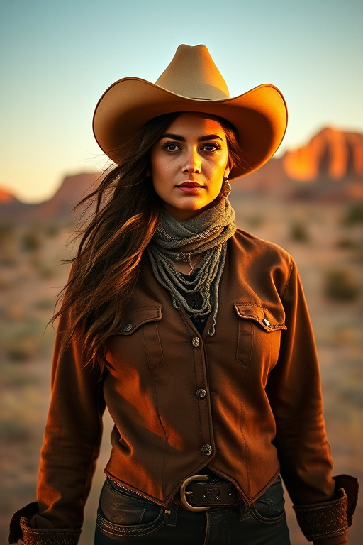 Dramatic photo of a beautiful Persian woman, classic cowboy attire, confident and free spirit expression, half-length portrait, centered, golden hour desert landscape, warm, diffused light, low angle, medium format film camera, in style of Annie Leibovitz.