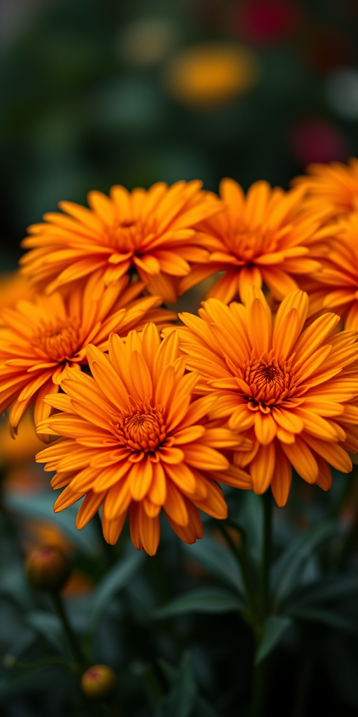 Capture a close-up shot of vibrant orange chrysanthemums with a shallow depth of field, using a DSLR camera with a 50mm lens, aperture set at f/2.8, ISO 100, and a soft bokeh background to enhance the image quality.
