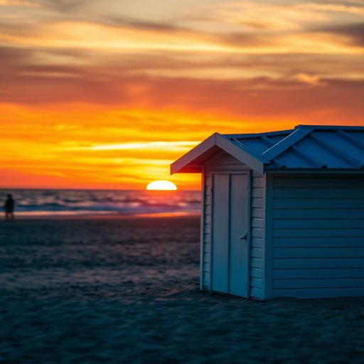sunset at the beach with a white beach hut and blue roof, vibrant colors in the sky, shallow focus on the hut, Canon EOS R5, aperture f/8, ISO 100, 24mm lens, soft golden hour light, slight HDR effect