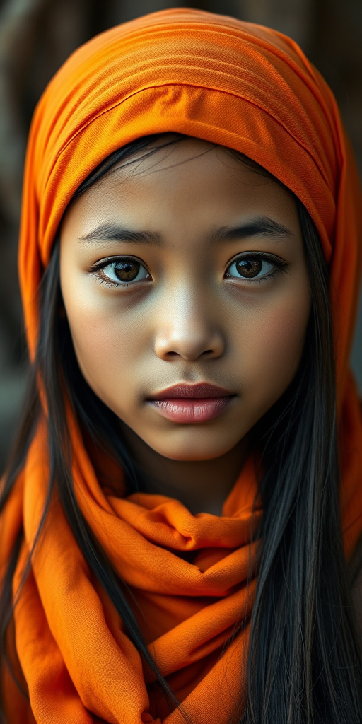 Create a portrait of a young Pacific Islander female with long, dark hair and captivating hazel eyes. She is wearing a orange headscarf and a matching scarf draped gracefully around her neck. The background is softly blurred, focusing attention on her serene and natural expression. The overall color palette is muted and warm, enhancing the intimate and authentic feel of the portrait.