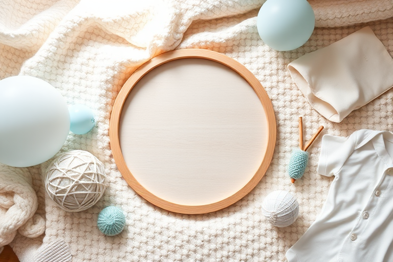 Create an image of a flatlay setup featuring a wooden round frame in the center on a textured cream blanket, surrounded by soft blue and white balloons, a knitted ball, a crochet item, and a white onesie, photographed with a Canon EOS R5, 50mm lens, f/2.8 aperture, 1/125s shutter speed, and natural light from a window to enhance the soft pastel tones and textures.