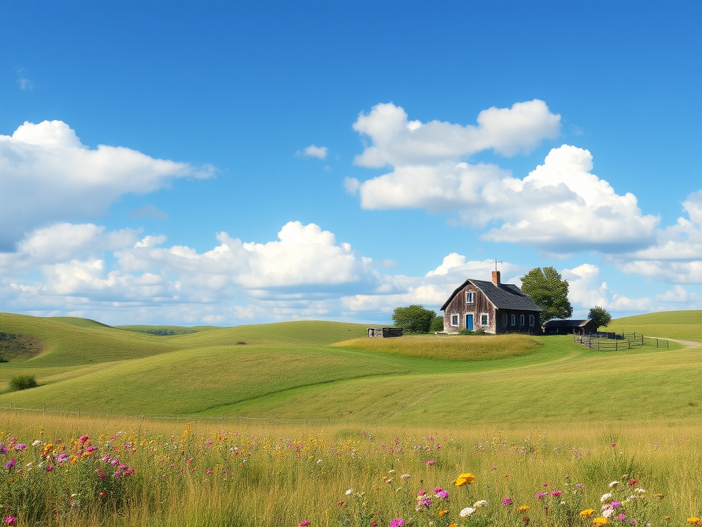 Serene countryside scene, with rolling hills, a quaint farmhouse surrounded by blooming wildflowers, and a blue sky dotted with fluffy clouds, evoking a sense of tranquility.