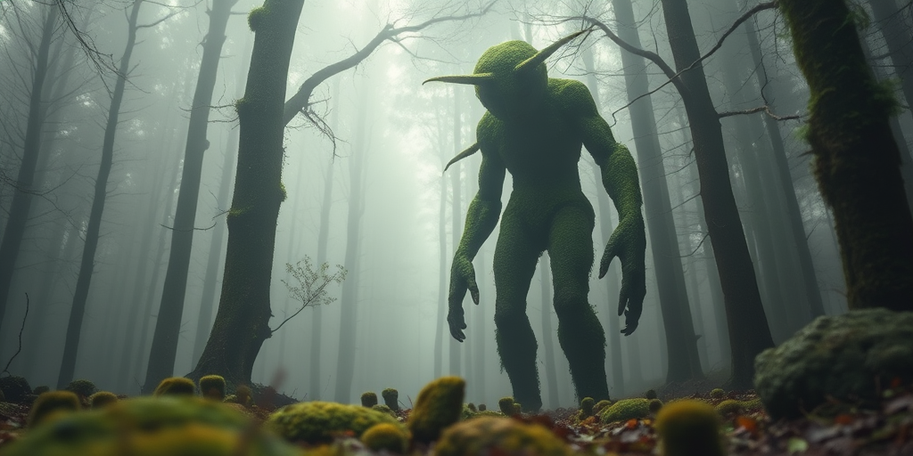 A giant moss-covered humanoid figure stands in a misty forest, surrounded by smaller mossy creatures, taken with a DSLR camera at f/2.8 aperture, ISO 100, 50mm lens, with a low-angle view and soft focus background, capturing an ethereal atmosphere.